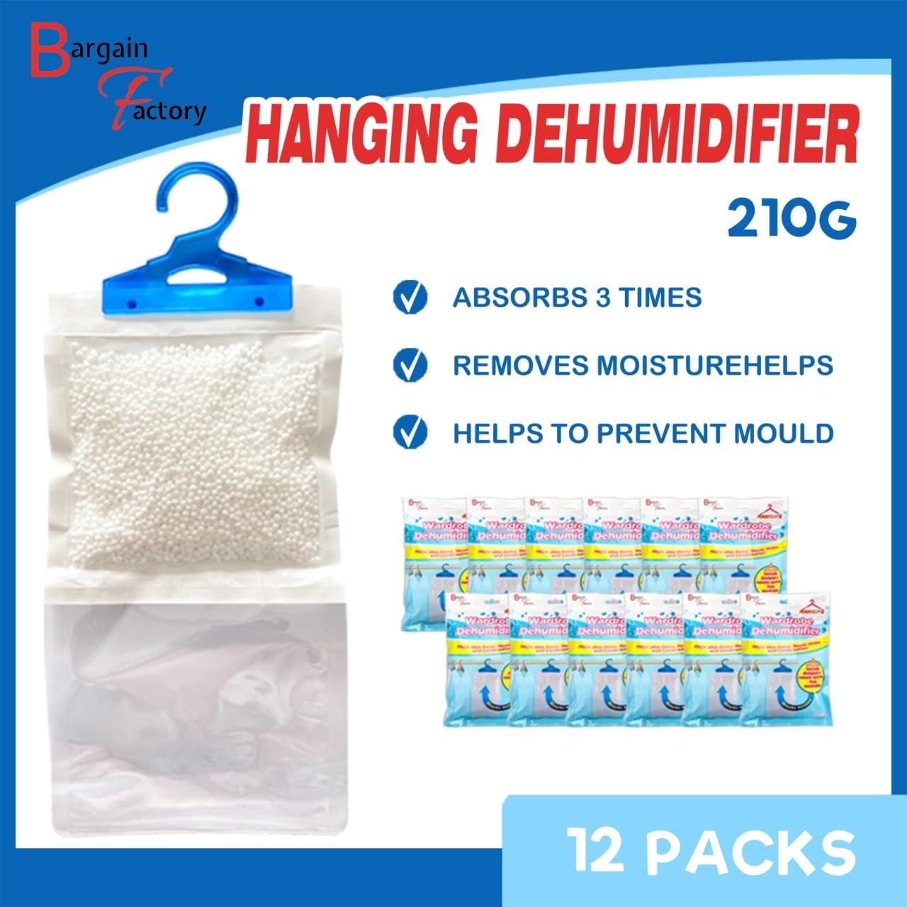 Hanging Interior Wardrobe Dehumidifier Set of 6-210g Each Bag - Bargain Factory