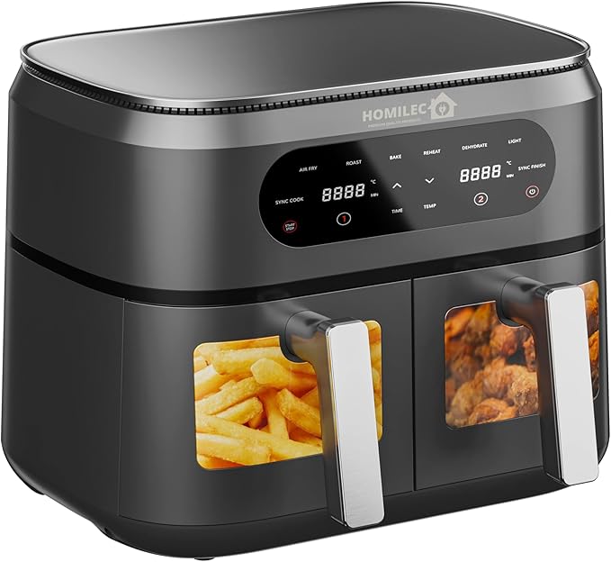 HOMILEC Dual Zone Digital Air Fryer, 9 L, 2 Drawers, 4.5 L Each, 6-in-1, No Oil, Air Fry, Crisp, Roast, Bake, Reheat, Dehydrate, Cooks 4-6 Portions, Non-Stick, Dishwasher Safe Baskets, Black - Bargain Factory