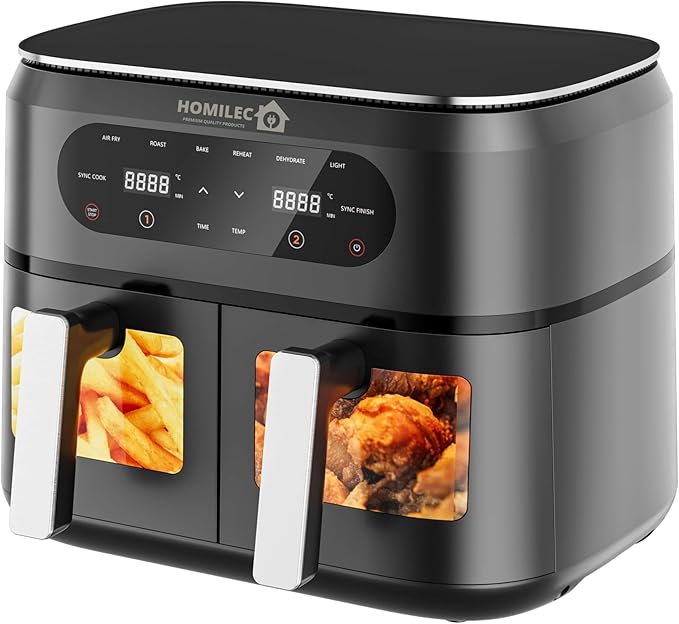 HOMILEC Dual Zone Digital Air Fryer, 9 L, 2 Drawers, 4.5 L Each, 6-in-1, No Oil, Air Fry, Crisp, Roast, Bake, Reheat, Dehydrate, Cooks 4-6 Portions, Non-Stick, Dishwasher Safe Baskets, Black - Bargain Factory