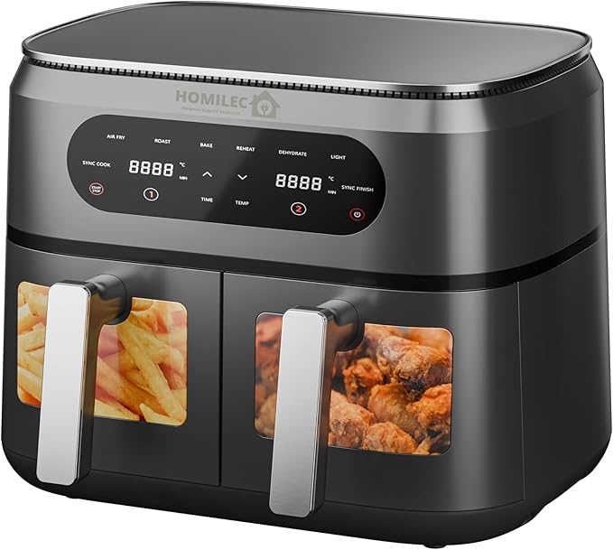 HOMILEC Dual Zone Digital Air Fryer, 9 L, 2 Drawers, 4.5 L Each, 6-in-1, No Oil, Air Fry, Crisp, Roast, Bake, Reheat, Dehydrate, Cooks 4-6 Portions, Non-Stick, Dishwasher Safe Baskets, Black - Bargain Factory