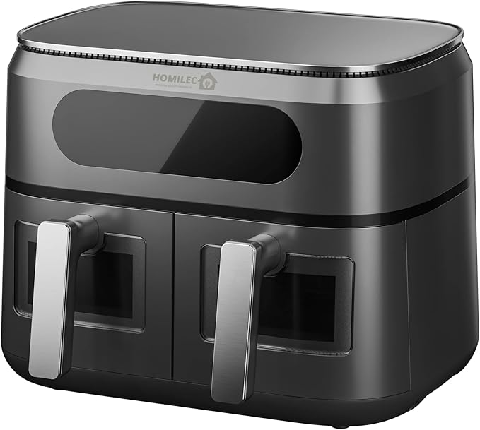 HOMILEC Dual Zone Digital Air Fryer, 9 L, 2 Drawers, 4.5 L Each, 6-in-1, No Oil, Air Fry, Crisp, Roast, Bake, Reheat, Dehydrate, Cooks 4-6 Portions, Non-Stick, Dishwasher Safe Baskets, Black - Bargain Factory