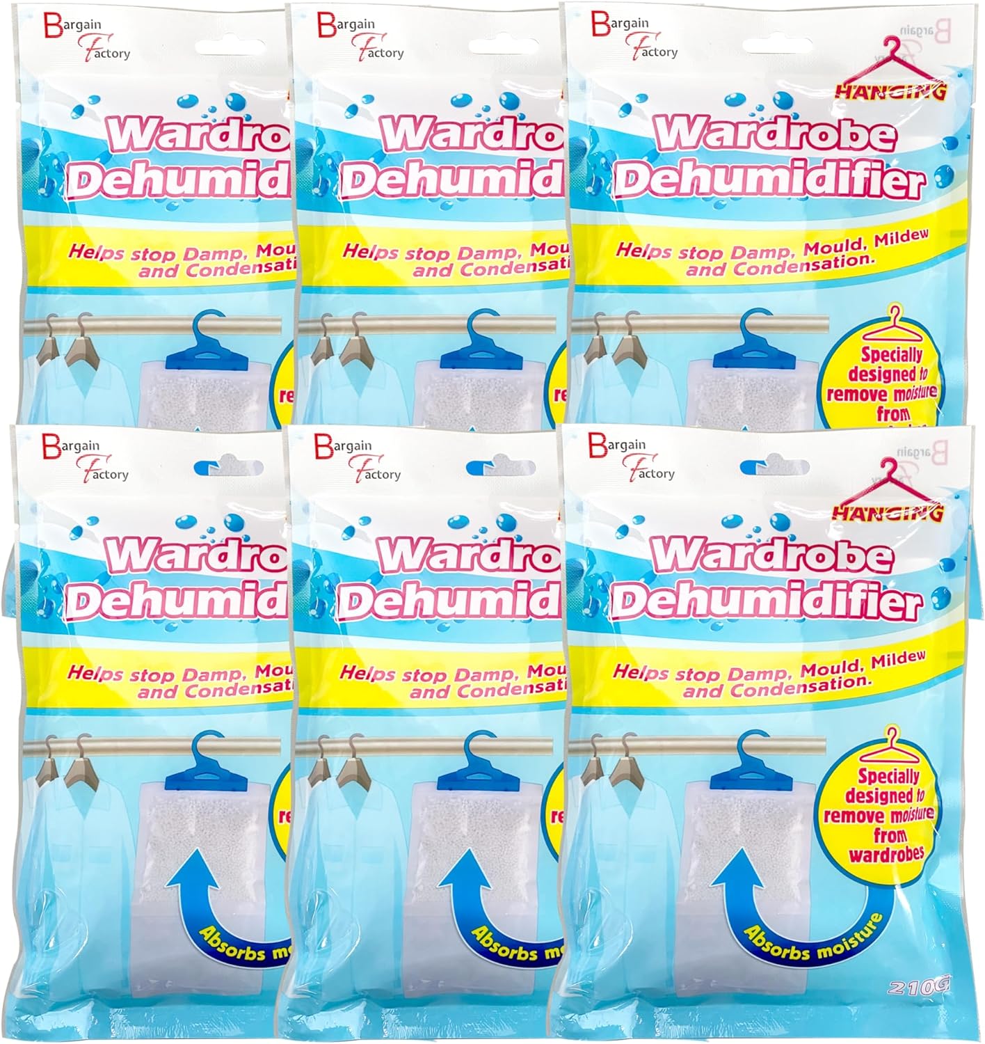Hanging Interior Wardrobe Dehumidifier Set of 6-210g Each Bag - Bargain Factory