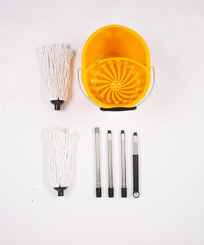 Professional Mop and Bucket Set Heavy Duty with Wringer and Two Traditional Cotton Mop Heads for Cleaning Floors –Mop Bucket Capacity 16L with Pouring Lip - Bargain Factory