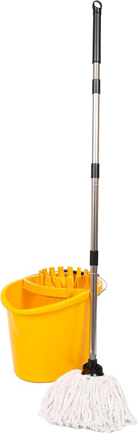 Professional Mop and Bucket Set Heavy Duty with Wringer and Two Traditional Cotton Mop Heads for Cleaning Floors –Mop Bucket Capacity 16L with Pouring Lip - Bargain Factory