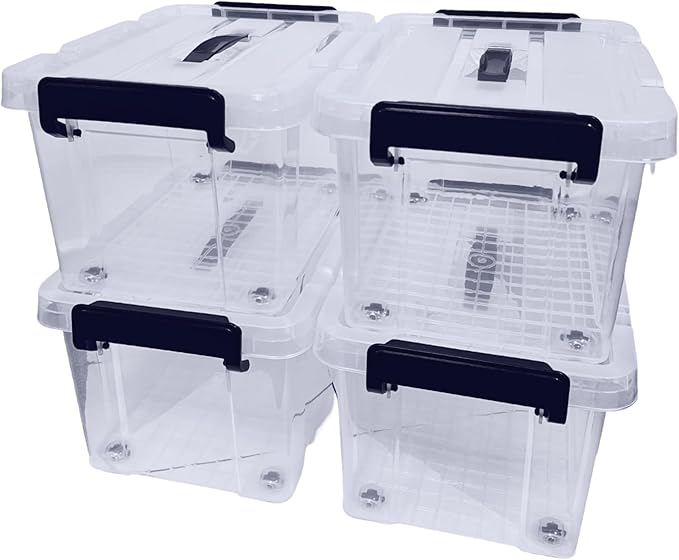4 x Clear Plastic Storage Container Large Boxes With Lids, Closing Clips and Wheels 16L Integrated Handles Stackable BPA Free Box For Bedroom Office Living Room Kitchen - Bargain Factory