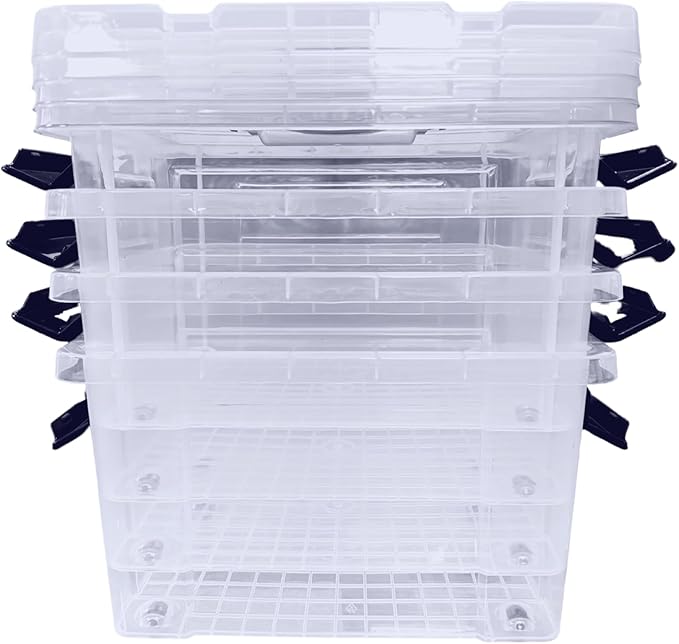 4 x Clear Plastic Storage Container Large Boxes With Lids, Closing Clips and Wheels 16L Integrated Handles Stackable BPA Free Box For Bedroom Office Living Room Kitchen - Bargain Factory