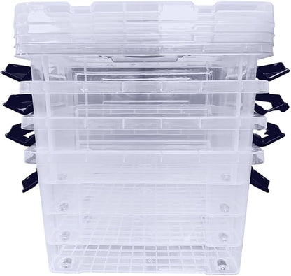 4 x Clear Plastic Storage Container Large Boxes With Lids, Closing Clips and Wheels 16L Integrated Handles Stackable BPA Free Box For Bedroom Office Living Room Kitchen - Bargain Factory