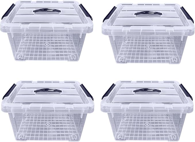 4 x Clear Plastic Storage Container Large Boxes With Lids, Closing Clips and Wheels 16L Integrated Handles Stackable BPA Free Box For Bedroom Office Living Room Kitchen - Bargain Factory