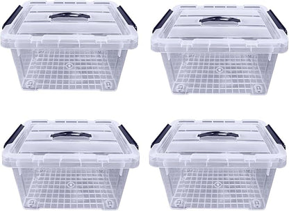 4 x Clear Plastic Storage Container Large Boxes With Lids, Closing Clips and Wheels 16L Integrated Handles Stackable BPA Free Box For Bedroom Office Living Room Kitchen - Bargain Factory