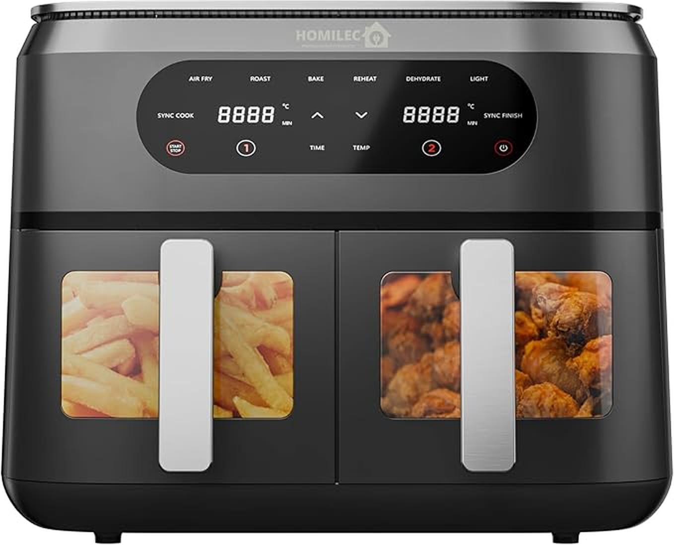 HOMILEC Dual Zone Digital Air Fryer, 9 L, 2 Drawers, 4.5 L Each, 6-in-1, No Oil, Air Fry, Crisp, Roast, Bake, Reheat, Dehydrate, Cooks 4-6 Portions, Non-Stick, Dishwasher Safe Baskets, Black - Bargain Factory